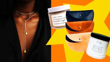 A Black woman models jewelry from a Black-owned Etsy shop on the left, with other beauty, hair, and ...