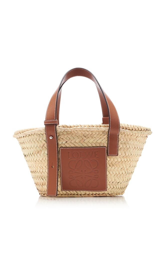 Small Leather-Trimmed Straw Basket Tote 