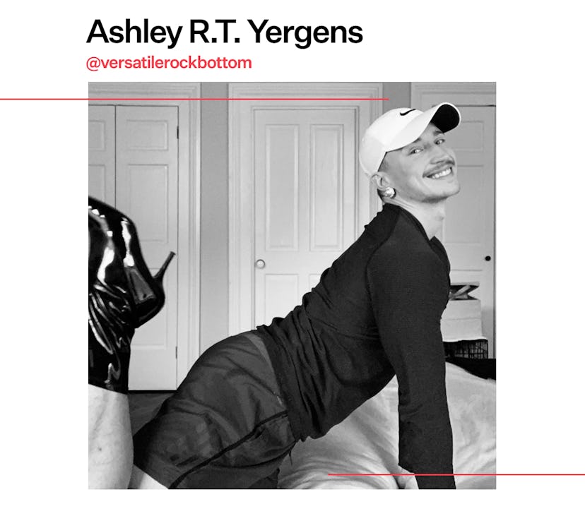 Ashley R.T. Yergens in a half male half female outfit in black and white