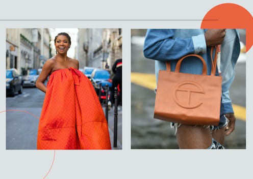 Orange camisole dress and a Telfar large tan shopping bag in a collage image by a black designer