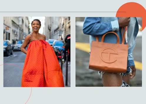 Orange camisole dress and a Telfar large tan shopping bag in a collage image by a black designer