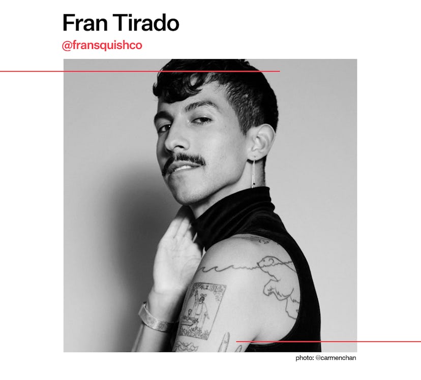 Fran Tirado in a sleeveless turtleneck top in black and white