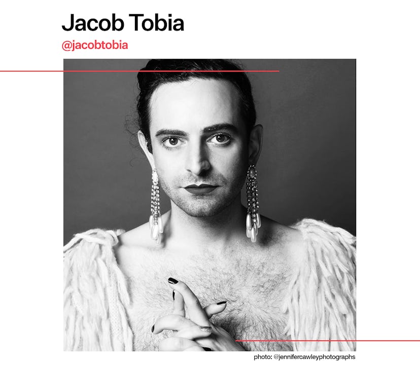 Hairy and bare chested producer, actor, author, and trans Jacob Tobia in black and white