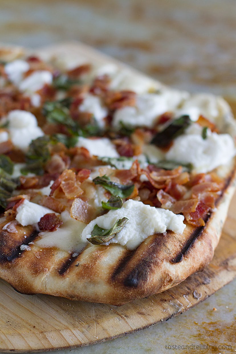 Grilled white pizza with bacon
