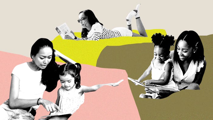 moms reading with their children on multicolored background