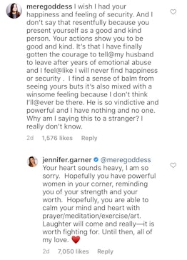 Jennifer Garner offers advice to fan after splitting from husband.