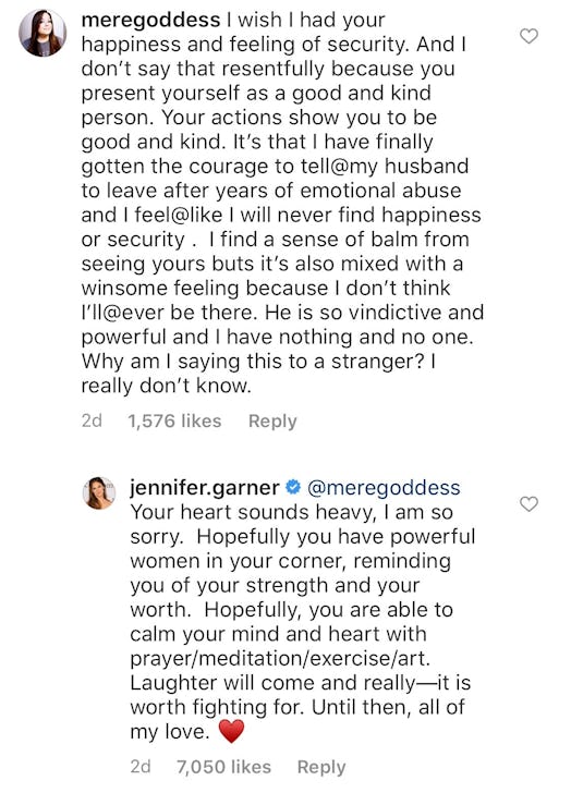 Jennifer Garner offers advice to fan after splitting from husband.