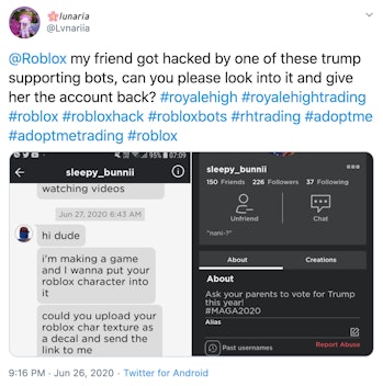 Someone S Hacked Roblox Accounts To Push Pro Trump Messages On Kids