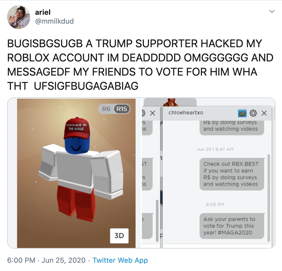 Someone S Hacked Roblox Accounts To Push Pro Trump Messages On Kids - how to put iny hack on any roblox game