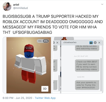 Someone S Hacked Roblox Accounts To Push Pro Trump Messages On Kids - hacking roblox accounts
