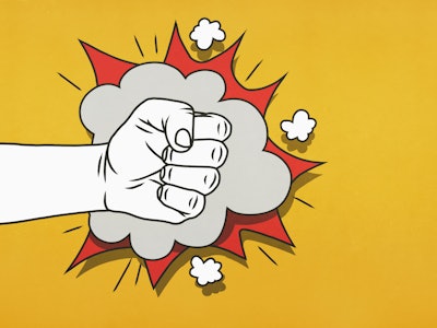 An illustrated fist punching the air representing anger due to coronavirus