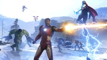 Hulk, Iron Man, and Thor fighting against someone in the winter on ice 