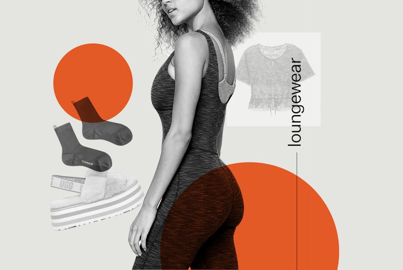 A collage with a curly-haired woman wearing summer loungewear.