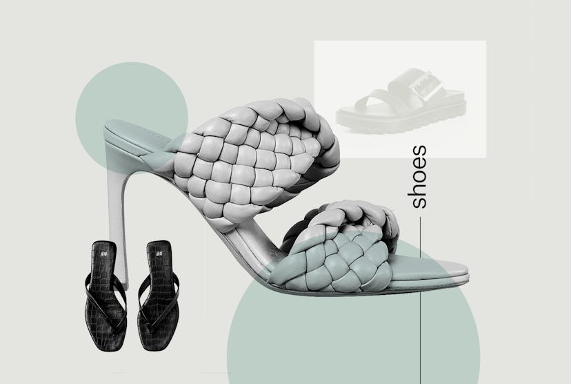 A collage photo with summer shoes like H&M flip flops, Bottega Veneta BV Curve Sandals, and Sorel Ro...