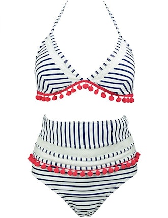 COCOSHIP Striped Tassel Trim Swimsuit