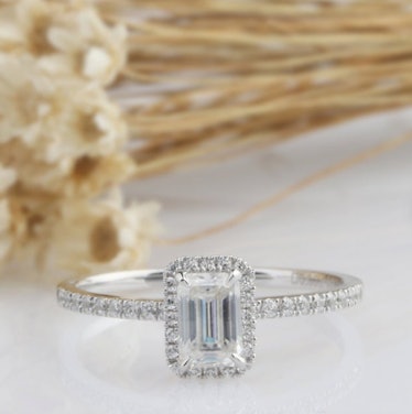 14K Solid Gold Ring/ 0.85CT Emerald Cut Simulated Diamond Wedding Ring/ Moissanite Engagement Ring/ ...