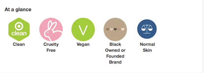 Five different symbols for products being clean, cruelty free, vegan, black owned or founded brand, ...