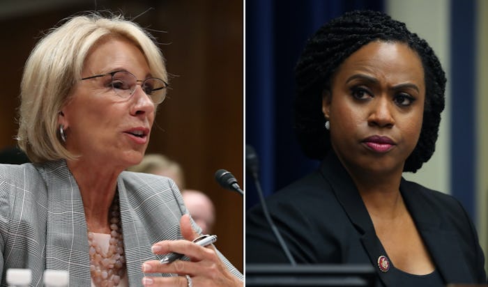Rep. Ayanna Pressley tore into Education Secretary Betsy DeVos over her repeated demands for schools...