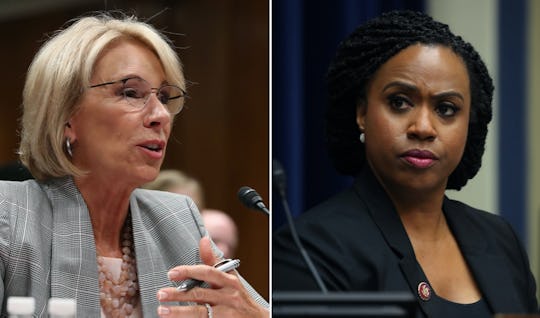 Rep. Ayanna Pressley tore into Education Secretary Betsy DeVos over her repeated demands for schools...