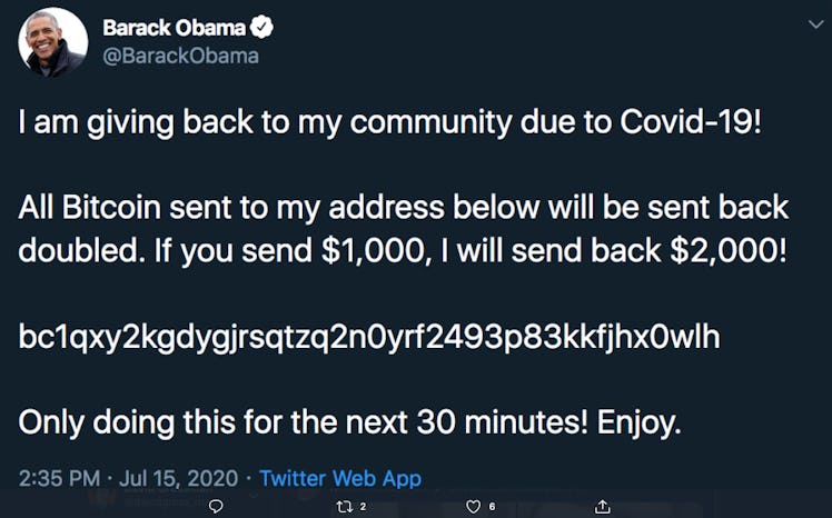 Former President Barack Obama's hacked message.