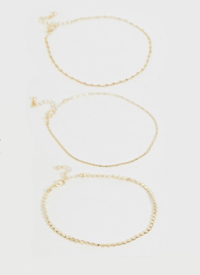 Curve pack of 3 anklets with dot dash and disc in gold tone