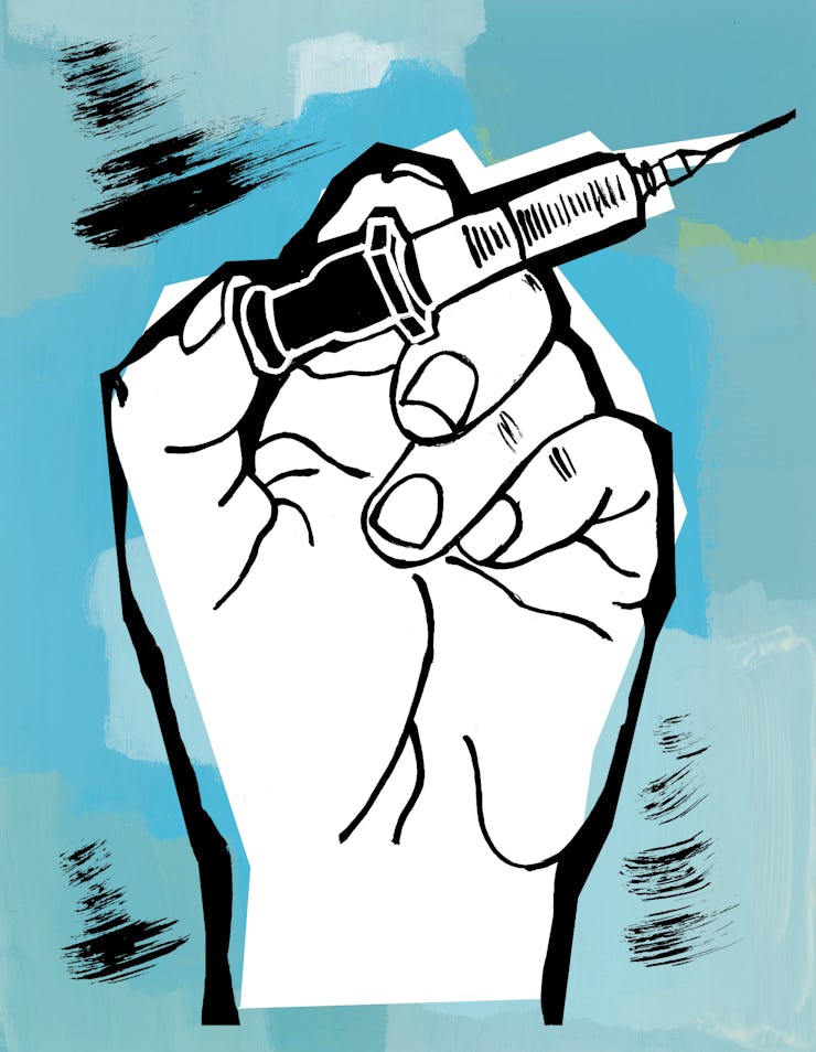 An illustration of a hand holding Moderna coronavirus vaccine