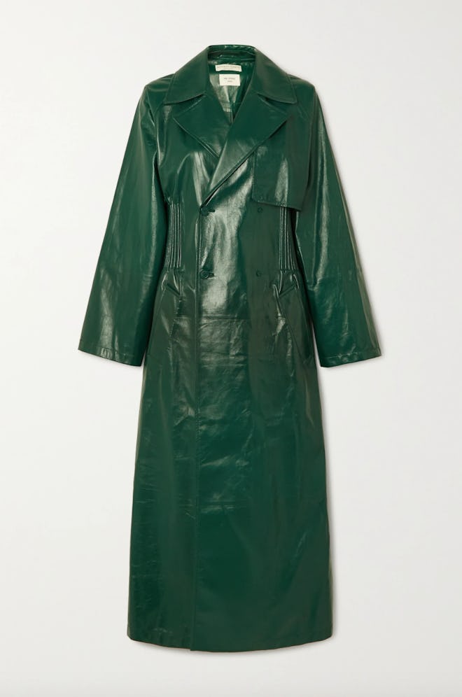 Double-Breasted Shirred Glossed-Leather Trench Coat