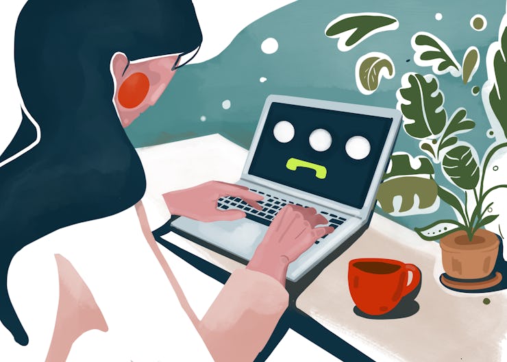 An illustration of a woman having a video call with her remote co-workers