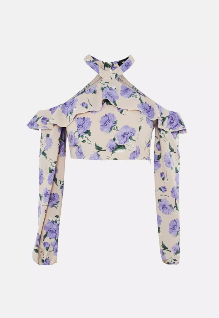Missguided Purple Co Ord Floral Cold Shoulder Crop Top