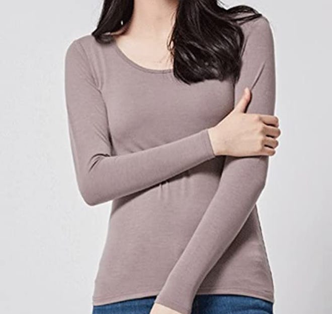 This pajama top with built-in bra has long sleeves for warmth.