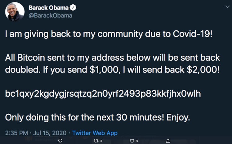 Barack Obama's hacked Twitter account.
