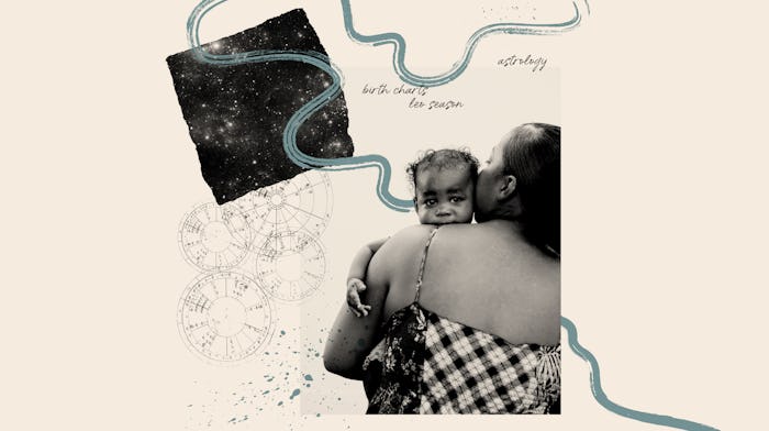 A mother holding a baby in front of birth chart imagery