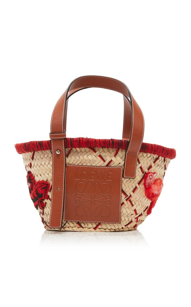 Small Leather-Trimmed Embroidered Straw Tote