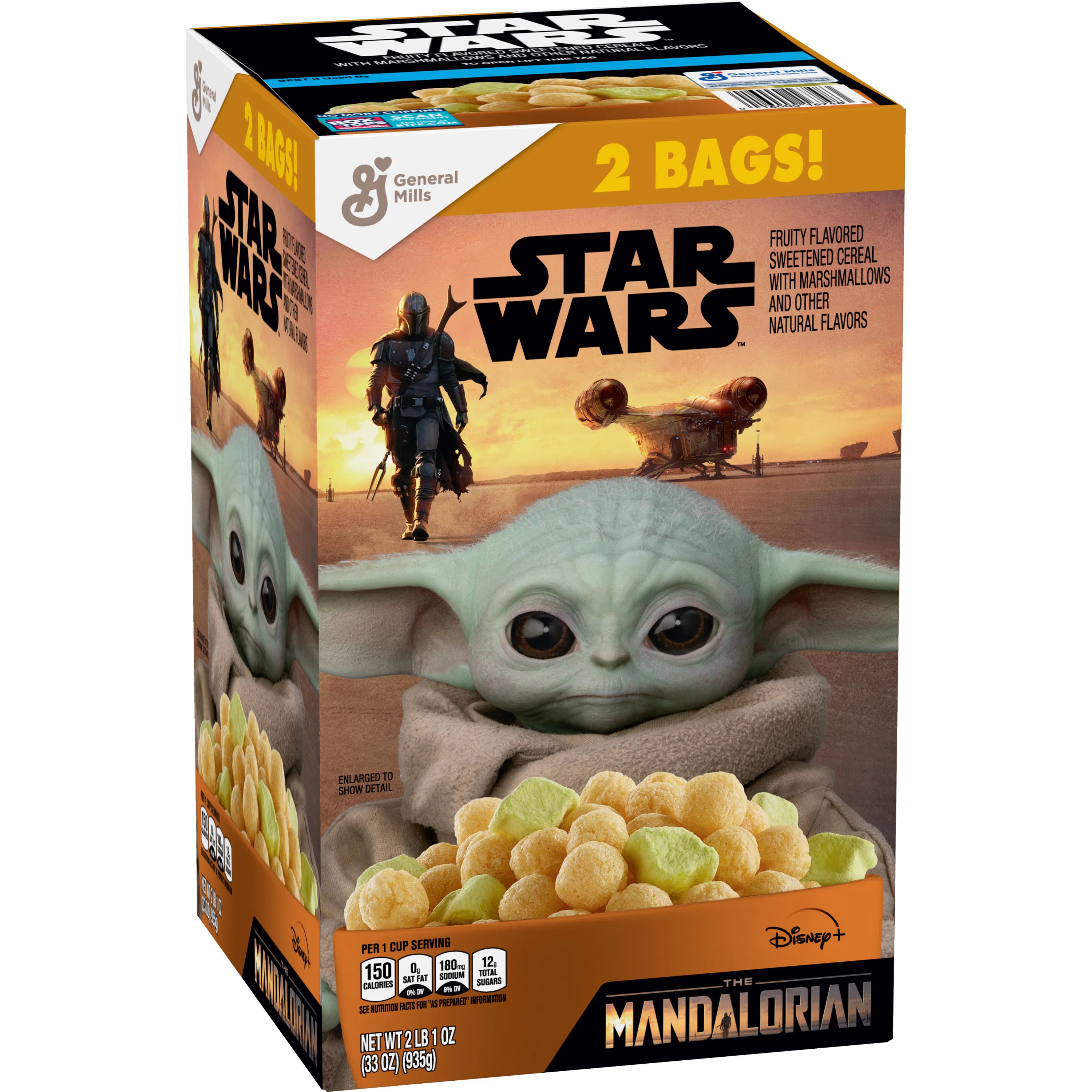 A two pound box of cereal called "The Mandalorian," with Baby Yoda on the front looking lovingly at ...