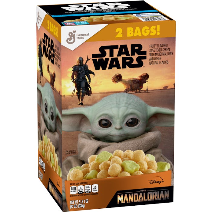 A two pound box of cereal called "The Mandalorian," with Baby Yoda on the front looking lovingly at ...