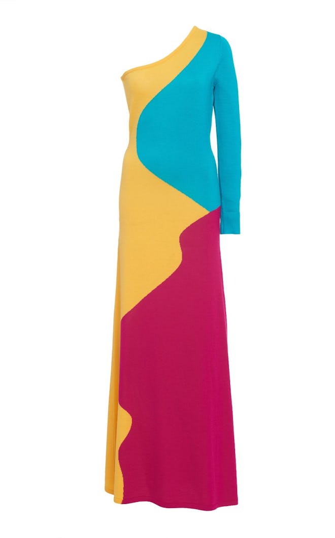 Color-Block One-Shoulder Merino Wool Maxi Dress