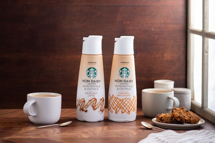 New Starbucks non-dairy creamers are available in hazelnut latte and caramel macchiato flavors.