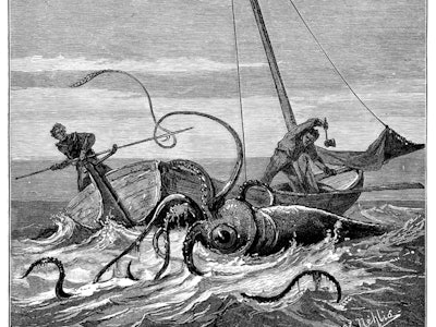 A stencil drawing of two men on a boat fighting a large sea monster 