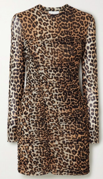 Ruched Leopard Print Stretch Mesh Mini Dress