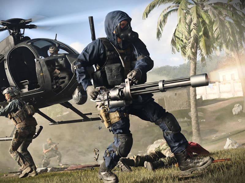 An insert from Call of Duty: Modern Warfare Season 5 of a character outside a helicopter with a gun