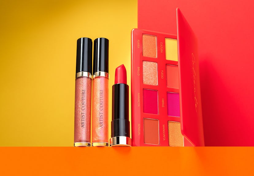 Both lip gloss shades, lipstick, and eye palette from the Artist Couture Caliente collection.