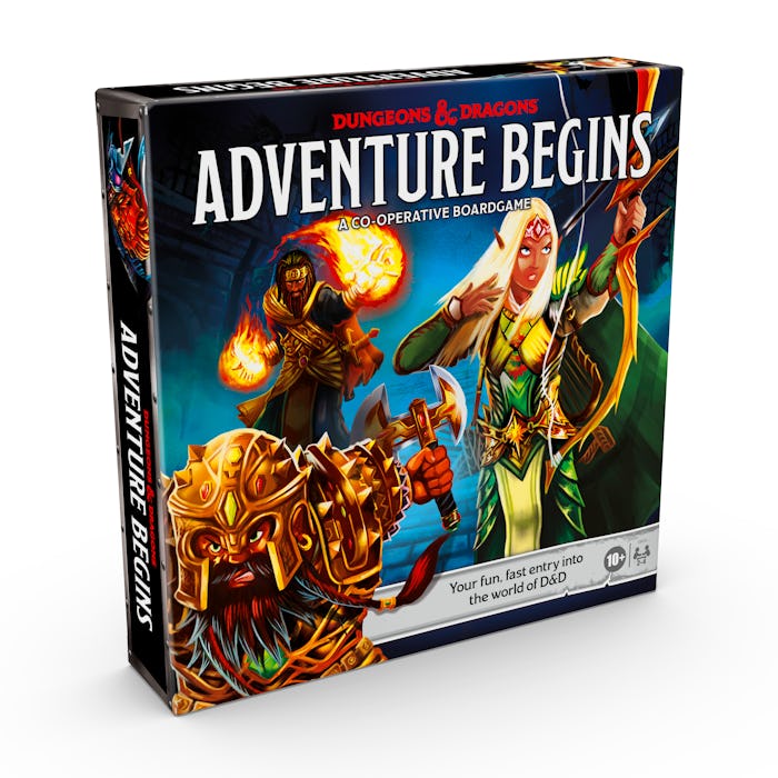 A picture of a box of the new Dungeons and Dragons Adventure Begins game. On the cover is a sorcerer...