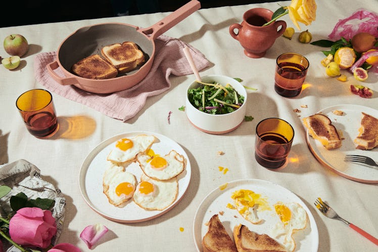 Fresh breakfast food is laid out on a table using cookware from Our Place.