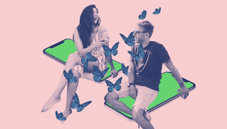 An Abstract collage of a man, and a woman, a phone and butter flies representing falling in love ove...