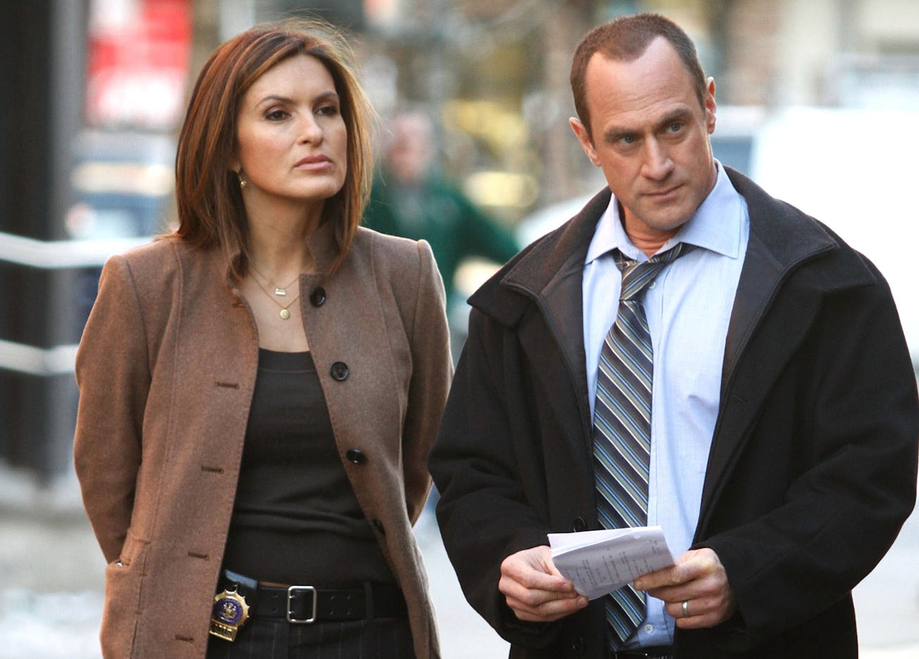 Mariska Hargitay and Chris Meloni are seen working on the set of the NBC TV Show "Law and Order SVU"...