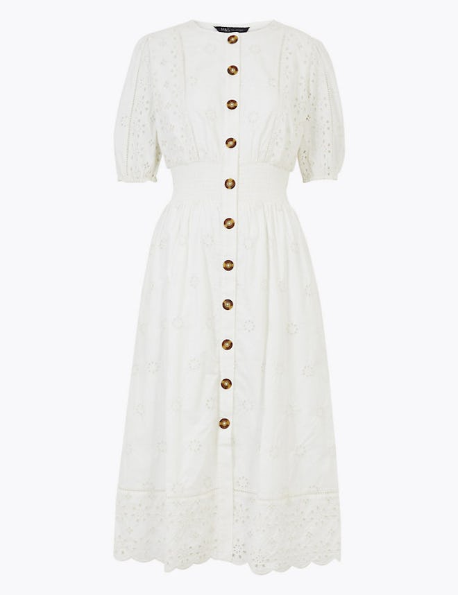 Pure Cotton Broderie Midi Waisted Dress