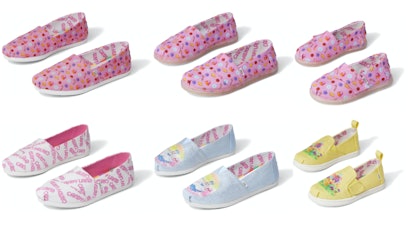 Six pairs of TOMS x Candy Land shoes in various sizes and patterns