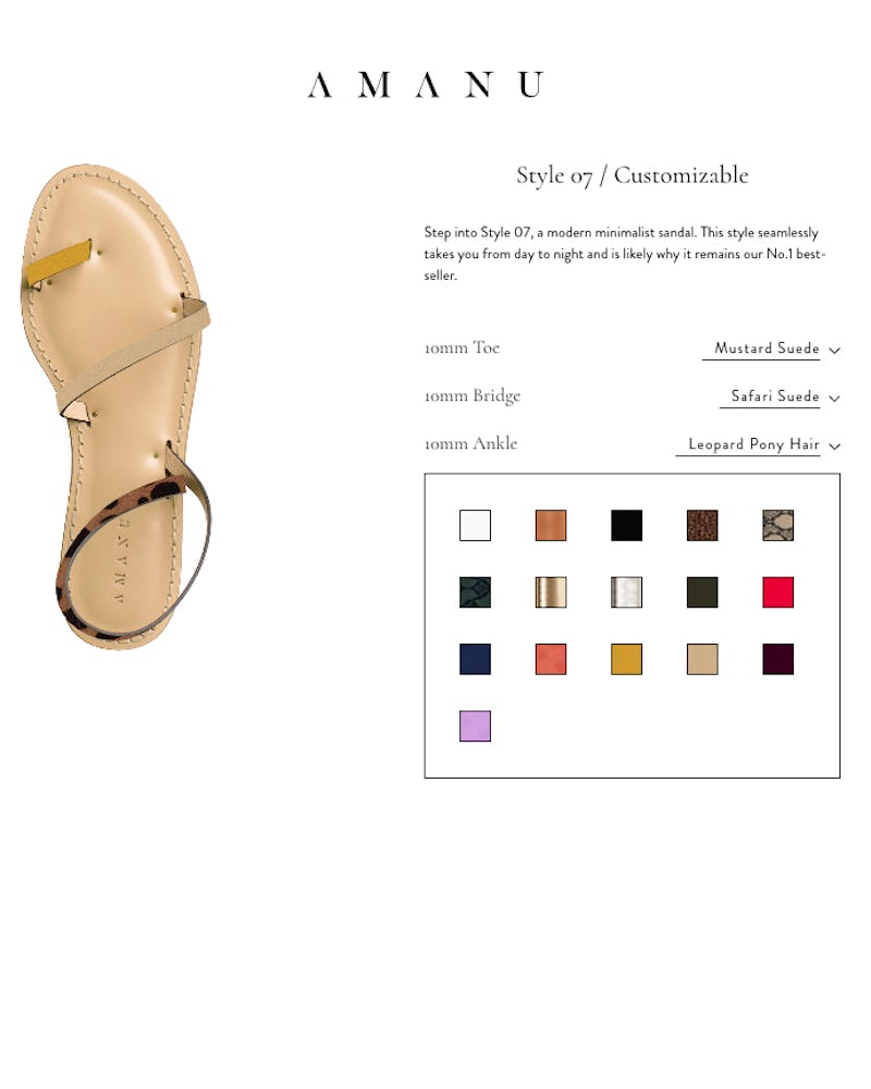 Amanu's sandal and different color choices for a custom designed piece