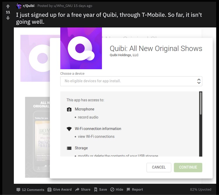 A post reading "I just signed up for a free year of Quibi, through T-Mobile. So far, it isn't going ...