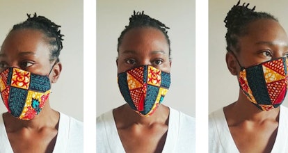 A trio of images of a woman wearing a hand-made face mask